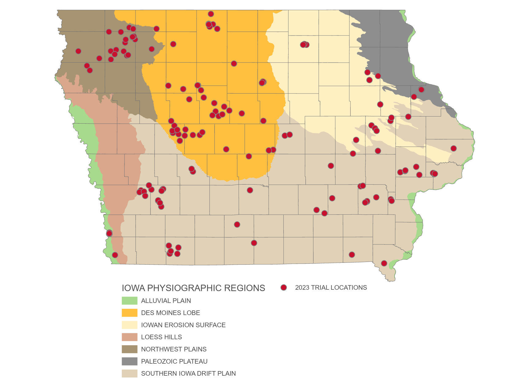 Map of Iowa with red dots indicating nitrogen rate trial locations