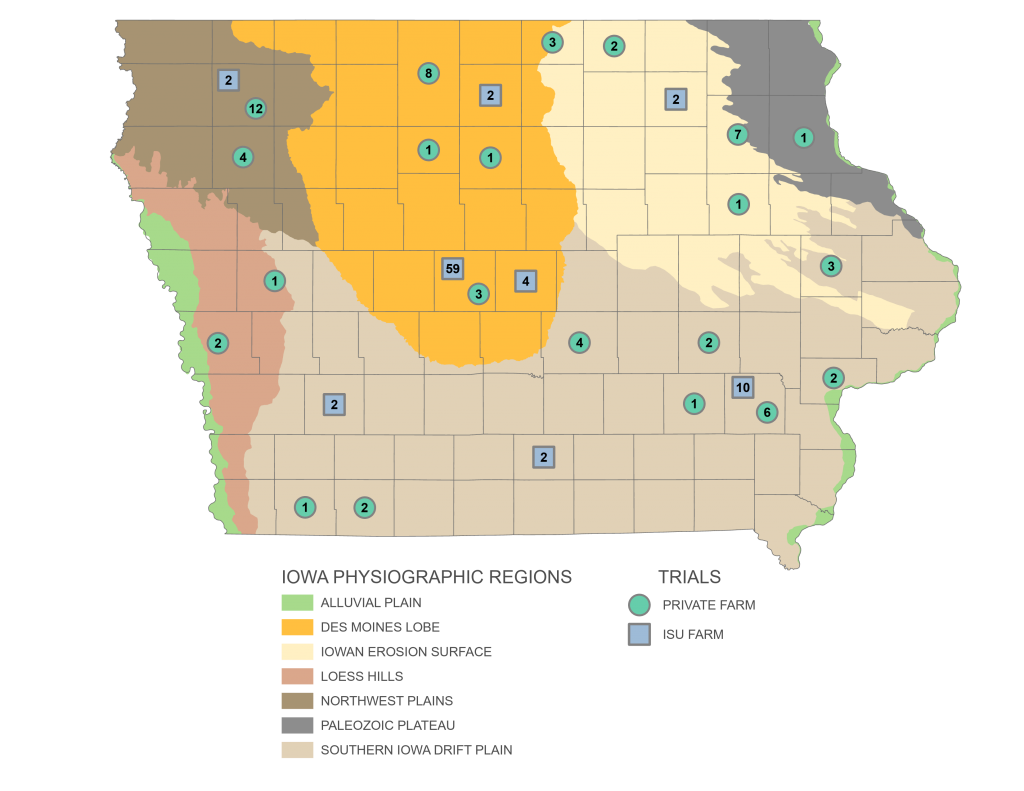 Iowa Nitrogen Initiative on-farm trial locations pin pointed on a map of Iowa's physiographic regions