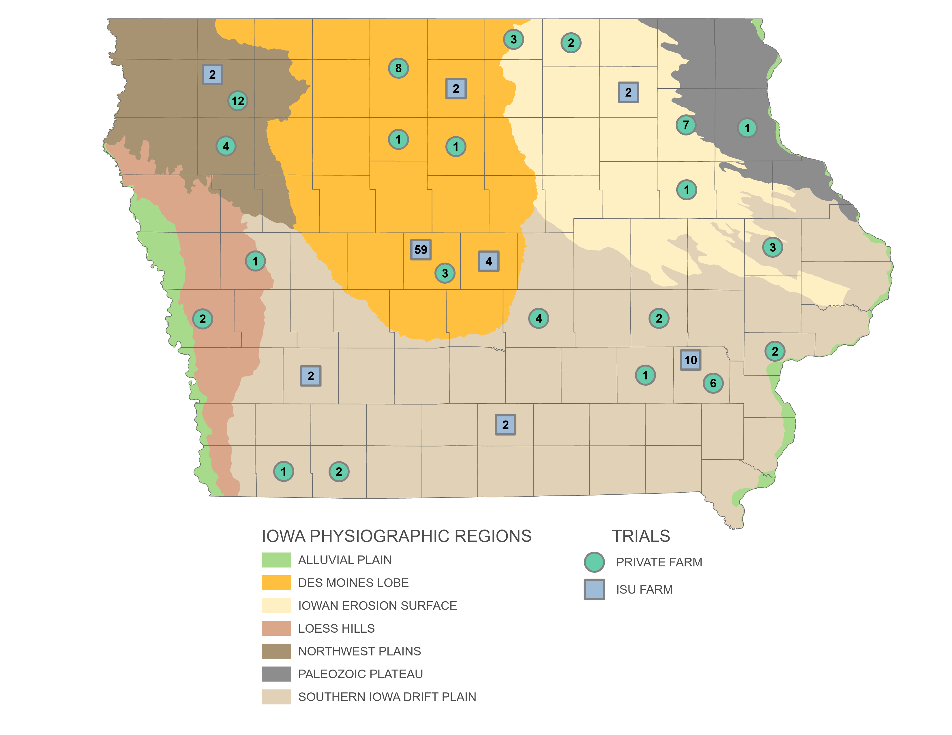 Iowa Nitrogen Initiative on-farm trial locations pin pointed on a map of Iowa's physiographic regions