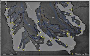 graphic image of Iowa water sheds and data points for the study