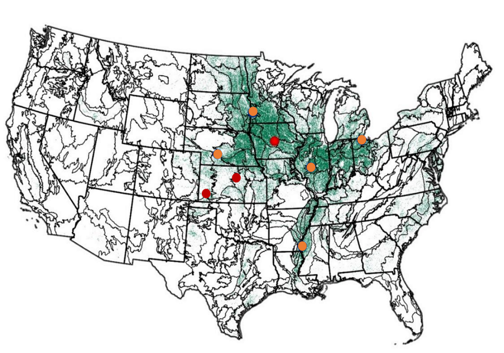 Map showing seven states in Corn Belt and Great Plains region where field research sites for the project will be located.