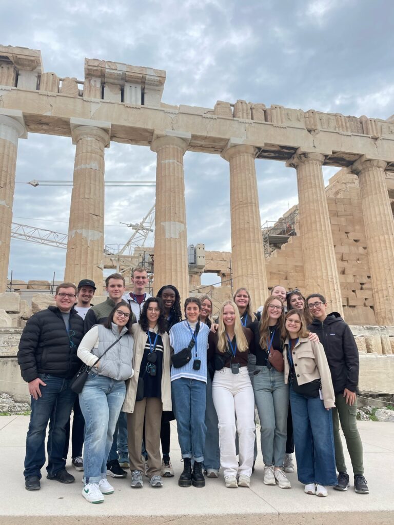 The CALS study abroad cohort at the Parthenon in Athens: agronomy students Nali Sanchez Carmona (second from left in front row) and Dieleman (fourth from left in second row).
